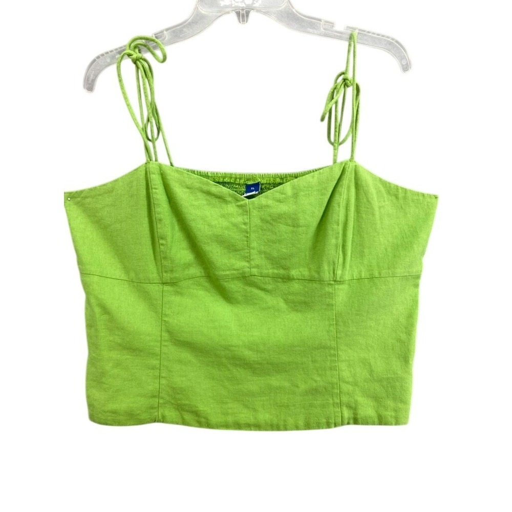 Old Navy Tank Womens XL Lime Green Linen Blend Smocked‎ Tie Shoulder Cami